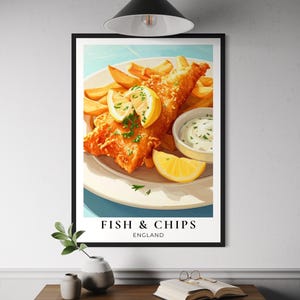 Fish and Chips Food Poster - Klassische britische Küche Wandkunst, traditionelles britisches Gericht Druck, Pub Essen Küchen Dekoration, britische Kultur Kunstwerk
