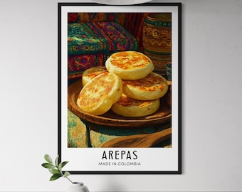 Arepas Colombia Food Poster - Traditional Cornmeal Flatbread Wall Art, Colombian Travel Street Food Print, Latin American Kitchen Decor