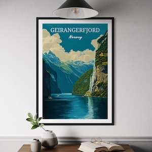 Geirangerfjord Norway Poster - Scenic Fjord Landscape, Mountains and Water, Norwegian Travel Wall Art, Nordic Adventure Print, Europe Travel
