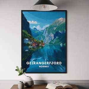 Geirangerfjord Norway Wall Art - Scenic Fjord Poster Print, Nordic Travel Illustration, Colorful Landscape Decor, Nature Inspired Gift