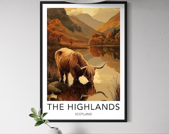 Scottish The Highlands Travel Poster - Highland Cow Wall Art, Loch Landscape Print, Scotland Nature Decor, Mountain, UK Artwork, Glencoe Art