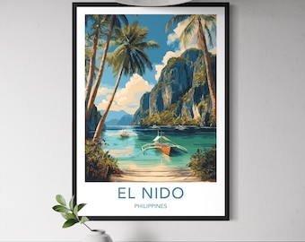 El Nido Philippines Travel Art - Tropical Beach Illustration, Palawan Island Wall Art, Southeast Asia Print, Philippine, Filipino Boat Art