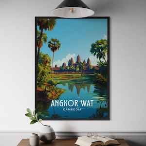 Angkor Wat Travel Poster - Cambodia Wall Art Print, Siem Reap Decor, Temple Illustration, Ancient Landmark Gift, Tropical Art, Asia Travel