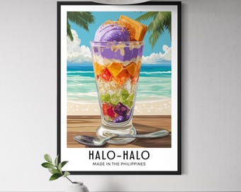 May include: A framed print featuring a vibrant illustration of halo-halo, a popular Filipino dessert. The dessert is layered in a tall glass, with a scoop of purple ice cream and a piece of toasted bread on top. The background depicts a beach scene.