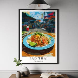 Pad Thai Poster - Thai Noodle Dish Wall Art, Bangkok Street Food Print, Thailand Travel Kitchen Decor, Asian Cuisine Illustration