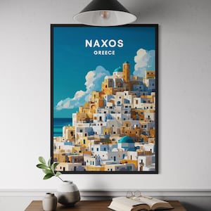 Naxos Greece Travel Poster – Modern Cycladic Village Art Print, Mediterranean Wall Decor, White Houses with Blue Domes Illustration, Europe