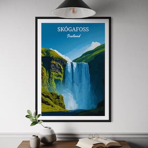 Skógafoss Iceland Travel Poster – Waterfall Wall Art with Rainbow, Scandinavian Nature Print, Minimalist Iceland Poster, Nature Mountain Art