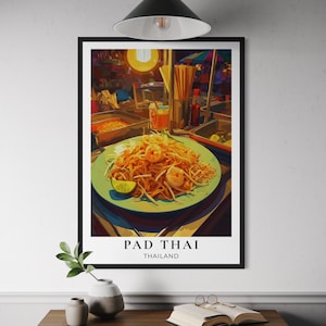 Pad Thai Poster - Thai Noodle Dish Wall Art, Bangkok Street Food Print, Thailand Travel Kitchen Decor, Asian Cuisine Illustration