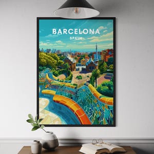 Barcelona Travel Poster – Park Güell Wall Art, Gaudí Architecture Print, Colorful Spain Decor, Modernist Europe Cityscape Artwork
