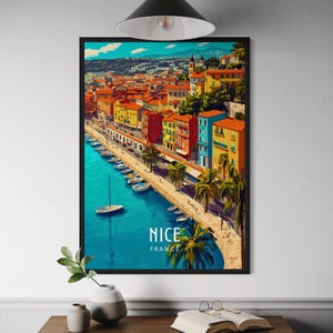 Nice France Poster - French Riviera Wall Art, Mediterranean Coast Print, Colorful Seaside Travel Decor, South of France Illustration