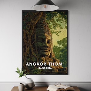 Bayon Face Poster - Angkor Thom Cambodia Travel Art, Siem Reap Wall Decor, Khmer Temple Print, Southeast Asia Landmark Poster, SE Asia Art