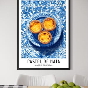 Illustration of Portuguese pastel de nata custard tarts arranged on a blue ceramic plate, with traditional blue azulejo tiles in the background, bright clean poster style.