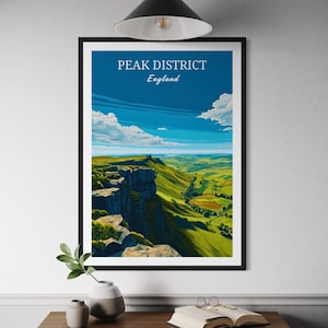 Peak District Poster - Scenic Hiking Landscape Wall Art, UK Countryside Decor, Nature Print, Adventure Travel Illustration, Hiking Artwork