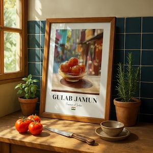 May include: A framed wall art print featuring a bowl of Gulab Jamun, with the text "GULAB JAMUN" and "Flavours of India" below the image, accompanied by a small Indian flag icon, displayed in a wooden frame on a wooden surface.