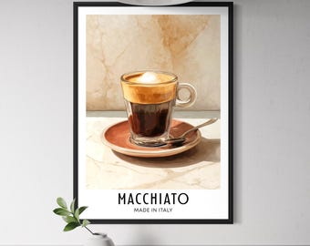 Macchiato Art Print - Italian Coffee Wall Art, Rome Cityscape Decor, Espresso Drink Illustration, Italy Kitchen Art, Cafe Poster, Caffeine
