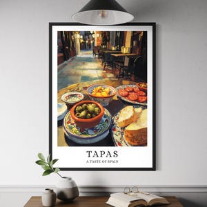 Lámina artística de tapas españolas: Platos pequeños de España, ilustración de comida mediterránea, arte mural de cocina española, arte pictórico, póster de cocina