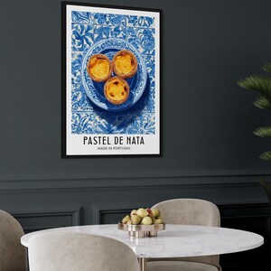 Illustration of Portuguese pastel de nata custard tarts arranged on a blue ceramic plate, with traditional blue azulejo tiles in the background, bright clean poster style.