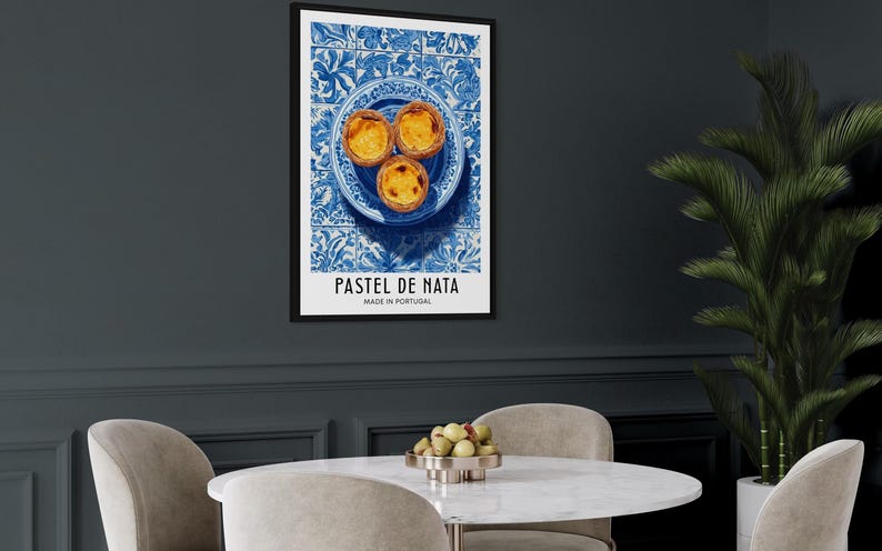Illustration of Portuguese pastel de nata custard tarts arranged on a blue ceramic plate, with traditional blue azulejo tiles in the background, bright clean poster style.