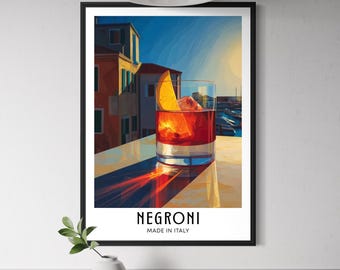 Plakat artystyczny z koktajlem Negroni – klasyczny włoski aperitif, dekoracja ścienna do baru w stylu vintage, prezent dla miłośnika miksologii, plakat z drinkami do domowego baru, podróżnik kulinarny