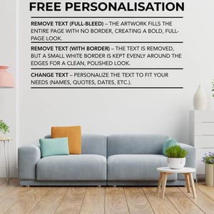 May include: A light gray sofa with three throw pillows in shades of orange and teal. A small, round, white table holds a potted plant. The text at the top reads "FREE PERSONALISATION".