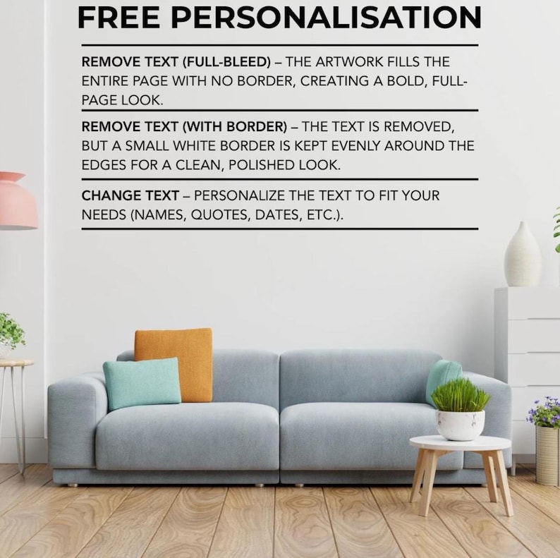 May include: A light gray sofa with three throw pillows in shades of orange and teal. A small, round, white table holds a potted plant. The text at the top reads "FREE PERSONALISATION".