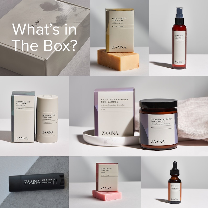 Peut inclure: Une bo&icirc;te remplie de produits de soins personnels de la marque "Zaiina". La bo&icirc;te comprend une bougie, un savon, un baume &agrave; l&egrave;vres, un baume pour les talons et un flacon de s&eacute;rum hydratant. Les produits sont tous dans un style minimaliste avec un accent sur les ingr&eacute;dients naturels.