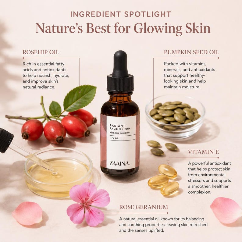 K&ouml;nnte beinhalten: Eine braune Glasflasche mit Radiant Face Serum und Pipette, beschriftet mit 1 FL OZ. Das Bild enth&auml;lt Text &uuml;ber Hagebutten&ouml;l, K&uuml;rbiskern&ouml;l, Vitamin E und Rosengeranie, begleitet von Illustrationen von Hagebutten, Samen und einer Blume.