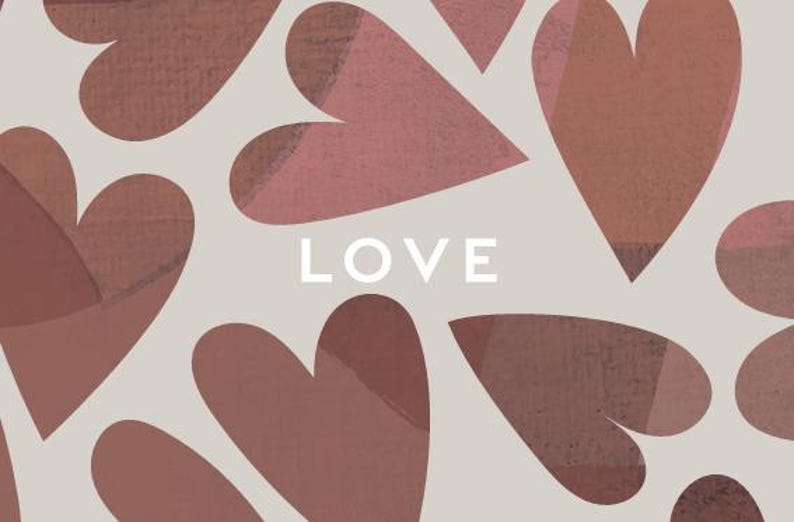 May include: A graphic print featuring a repeating pattern of overlapping hearts in various shades of muted brown and dusty rose on a light beige background. The word LOVE is printed in white, sans-serif capital letters in the center of the image.