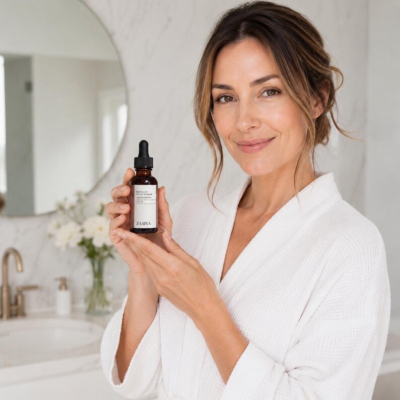 K&ouml;nnte beinhalten: Eine kleine bernsteinfarbene Glasflasche mit Gesichtsserum, einem schwarzen Tropfverschluss und einem wei&szlig;en rechteckigen Etikett. Das Etikett tr&auml;gt den schwarzen Schriftzug "RADIANT FACE SERUM" und unten "ZAINA". Die Flasche wird aufrecht gehalten.