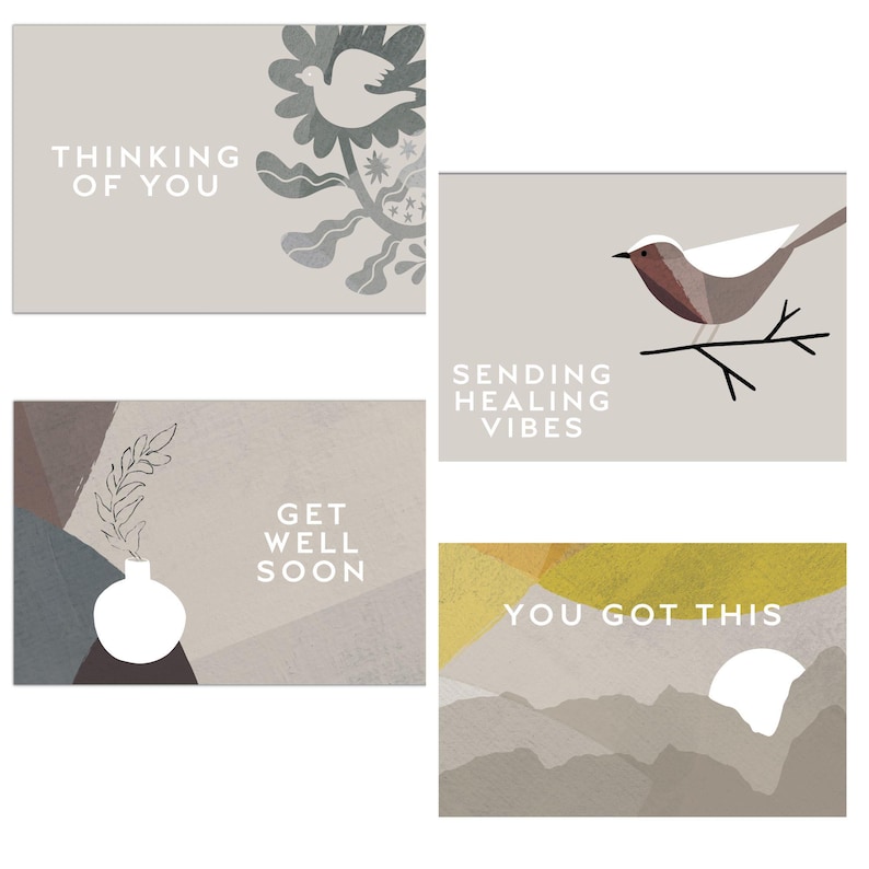 Op de afbeelding: Set van vier wenskaarten met verschillende ontwerpen en boodschappen. De kaarten tonen een duif, een vogel, een vaas met een tak en een bergketen. De boodschappen op de kaarten zijn "Thinking of you", "Sending healing vibes", "Get well soon" en "You got this".