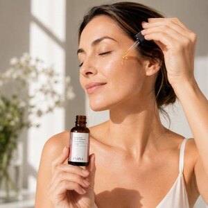 K&ouml;nnte beinhalten: Eine kleine Braunglasflasche mit Radiant Face Serum und einem wei&szlig;en Etikett mit schwarzer Schrift. Die Flasche hat einen schwarzen Tropfverschluss. Eine klare Glaspipette gibt ein goldenes, fl&uuml;ssiges Serum auf die Haut der Wange.