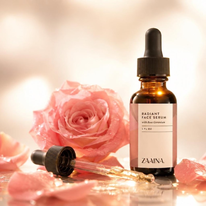 K&ouml;nnte beinhalten: Eine bernsteinfarbene Glasflasche mit Radiant Face Serum with Rose Geranium, beschriftet mit 1 fl oz, und einem schwarzen Tropfverschluss. Eine separate Glaspipette liegt daneben, begleitet von einer gro&szlig;en rosa Rose und Bl&uuml;tenbl&auml;ttern mit Wassertropfen.