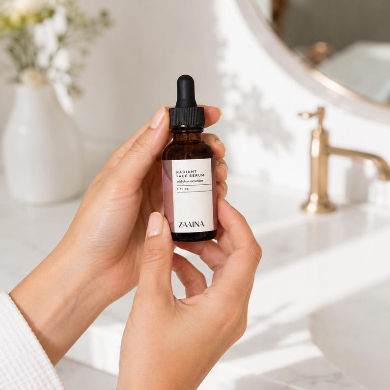 K&ouml;nnte beinhalten: Eine kleine bernsteinfarbene Glasflasche mit Zaaina Radiant Face Serum with Rose Geranium. Das wei&szlig;e Etikett mit schwarzem Text und einem rosa Akzent gibt 1 fl oz an. Die Flasche hat einen schwarzen Tropfverschluss und enth&auml;lt Hautpflege.