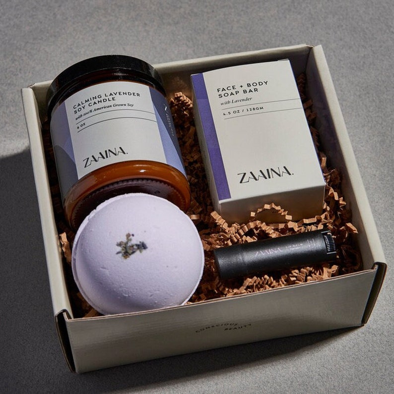 Coffret cadeau spa pour femme, coffret cadeau spa bio, panier relaxant fait main, kit coffret beauté spa, cadeau bain naturel pour elle LAVENDER BATH BOMB