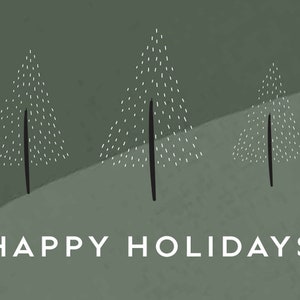 May include: A green background with three stylized white and black Christmas trees and the text "HAPPY HOLIDAYS" in white.