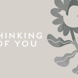 May include: A greeting card with the text "THINKING OF YOU" in white. The card features a dove and floral design in shades of gray on a light beige background. The design includes a dove, flowers, and stars.