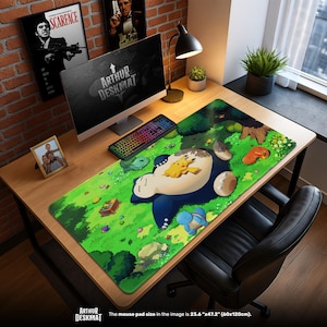 Snorlax & vänner musmatta - Pikachu, Charmander, Bulbasaur scen spelmatta, Kanto-dekor, Gen 1 Anime-present