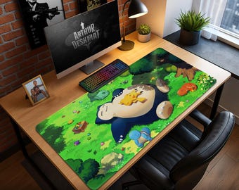 Alfombrilla de ratón Snorlax y sus amigos: Pikachu, Charmander y Bulbasaur, decoración de Kanto, regalo de anime de la 1.ª generación