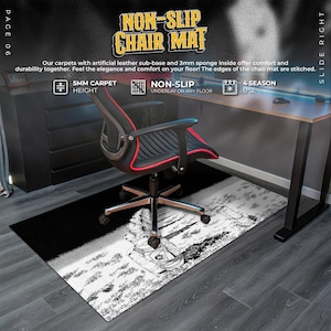 May include: A black and white non-slip chair mat with a 5mm carpet height. The mat features a graphic design and is designed for all-season use. The text "NON-SLIP CHAIR MAT" is displayed at the top.