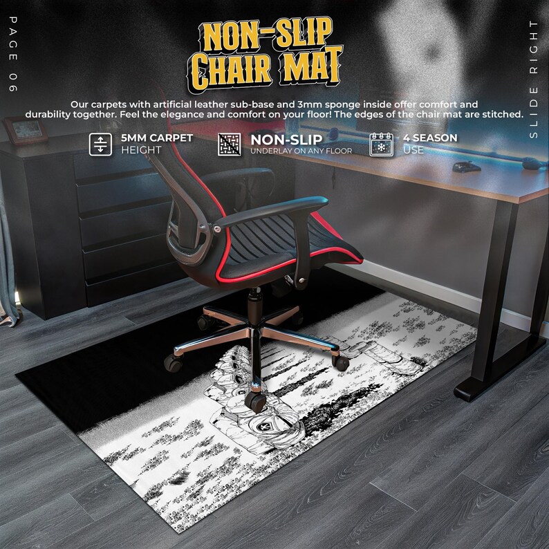 May include: A black and white non-slip chair mat with a 5mm carpet height. The mat features a graphic design and is designed for all-season use. The text "NON-SLIP CHAIR MAT" is displayed at the top.