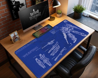 Unicorn Gundam Blueprint Desk Mat, RX-0 Gaming Mouse Pad, Mecha Anime Gift for Gamers, Mobile Suit Design Desk Decor