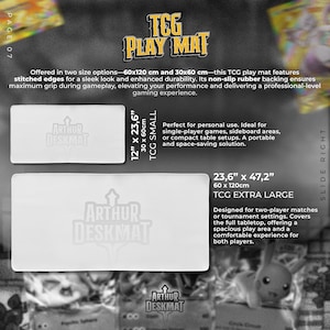 May include: White TCG play mats with stitched edges, featuring the "ARTHUR DESKMAT" logo. The image shows two sizes: 12" x 23.6" and 23.6" x 47.2". The mats are designed for gaming and have a non-slip rubber backing.
