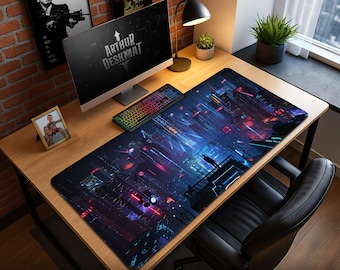 Cyberpunk Cityscape Mouse Pad – Neon Futuristic Desk Mat