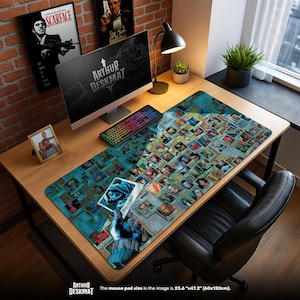 May include: A large rectangular desk mat with a comic book theme. The mat features a collage of comic book characters in a teal and brown color scheme. The text "ARTHUR DESKMAT" is visible. The mouse pad size is 23.6" x 47.2".