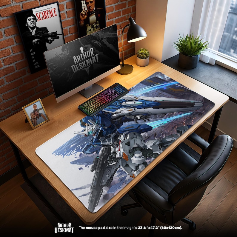 Gundam Mecha Mouse Pad - Blue RX-0 Inspired Mobile Suit Battle Scene Desk Mat, Anime Robot Decor, Gamer Gift