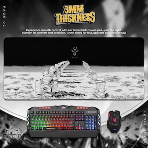 May include: A black and white mouse pad with a space-themed illustration, a keyboard, and a mouse. The mouse pad has the text "3MM THICKNESS" and "Experience smooth control with our 3mm thick mouse pad". The keyboard has multi-colored keys.