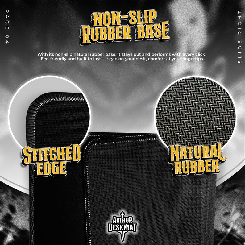 May include: Black desk mat with a stitched edge and a non-slip natural rubber base. The mat features the text "NON-SLIP RUBBER BASE", "STITCHED EDGE", and "NATURAL RUBBER". The brand name "ARTHUR DESKMAT" is also visible.