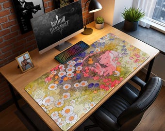 Mew Sleeping Mouse Pad – Watercolor Floral Pokémon Scene, Kawaii Gaming Desk Mat, Pastel Aesthetic Gift