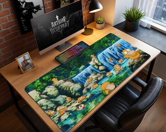 Psyduck Waterfall Mouse Pad – Cute Pokémon Water Scene Desk Mat, Gaming Desk Pad, Psyduck Fan Gift, Nature Desk Decor