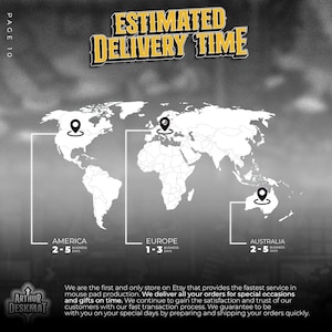 May include: A graphic showing a world map with location pins and text indicating estimated delivery times for America, Europe, and Australia. The text "ESTIMATED DELIVERY TIME" is at the top. The Arthur Deskmat logo is at the bottom.